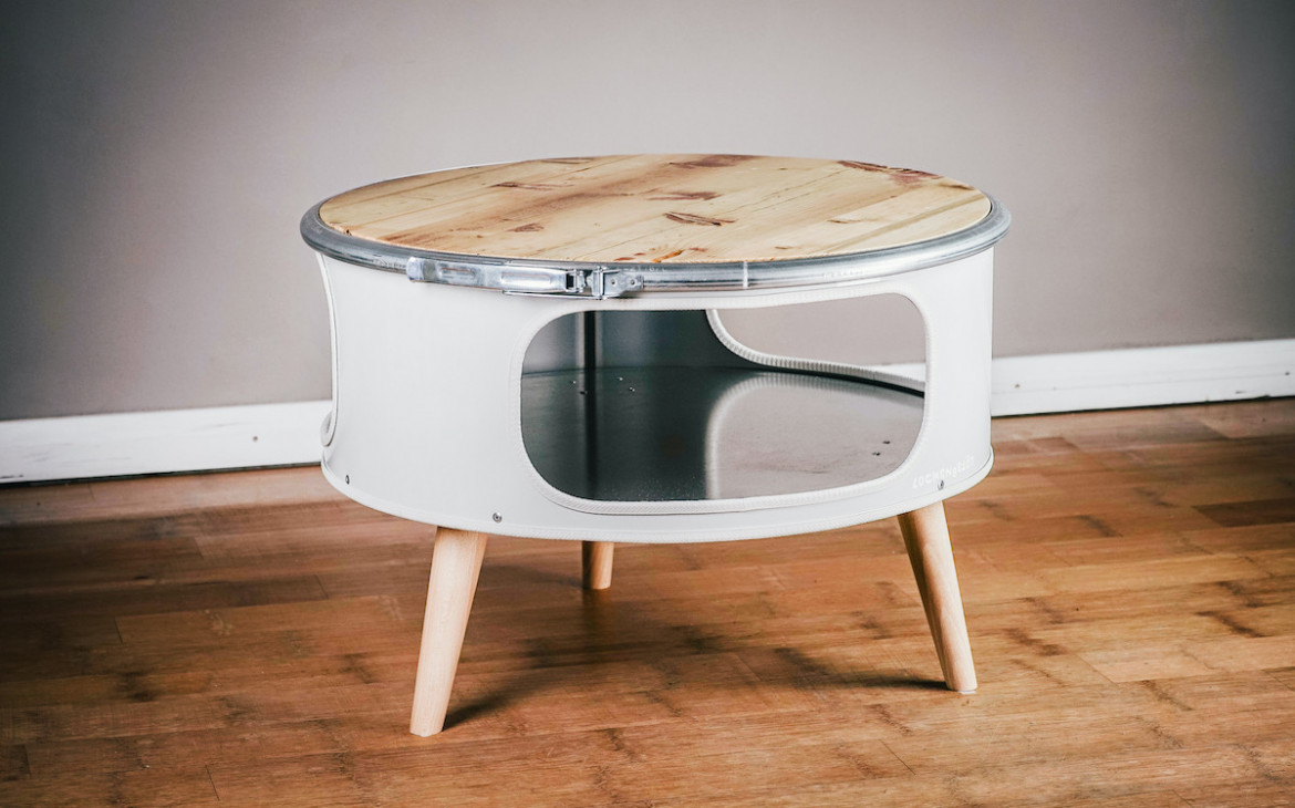 "Betty" coffee table, made from an oil drum and reclaimed wood, nominated for the Green Product Award 2021 © Lockengelöt