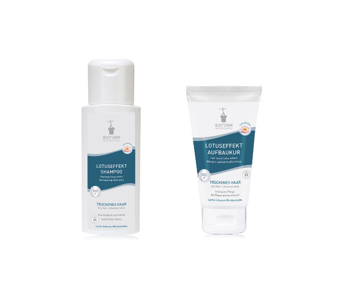 Lotuseffekt Shampoo No. 17, €11.95 and Lotuseffekt Aufbaukur No. 19, €12.95, both by Bioturm